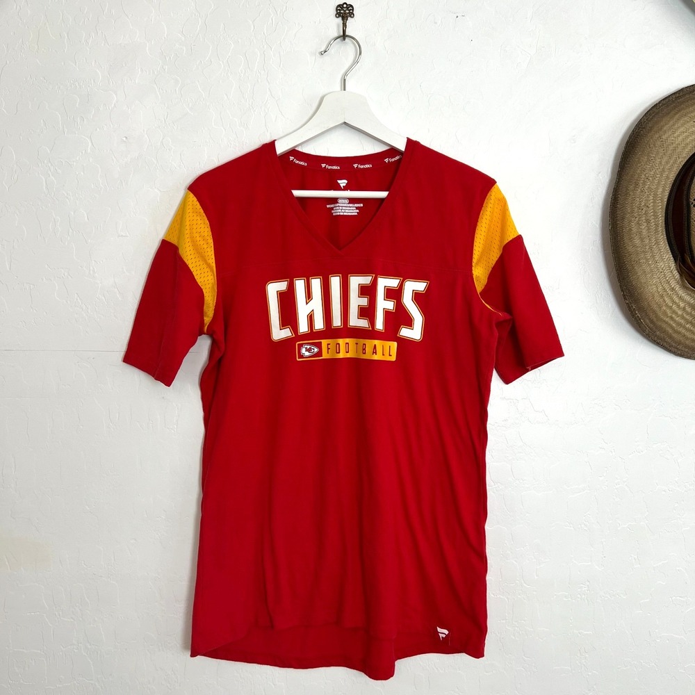 Fanatics Kansas City Chiefs Women's V-Neck Football T-Shirt Red Gold Size M